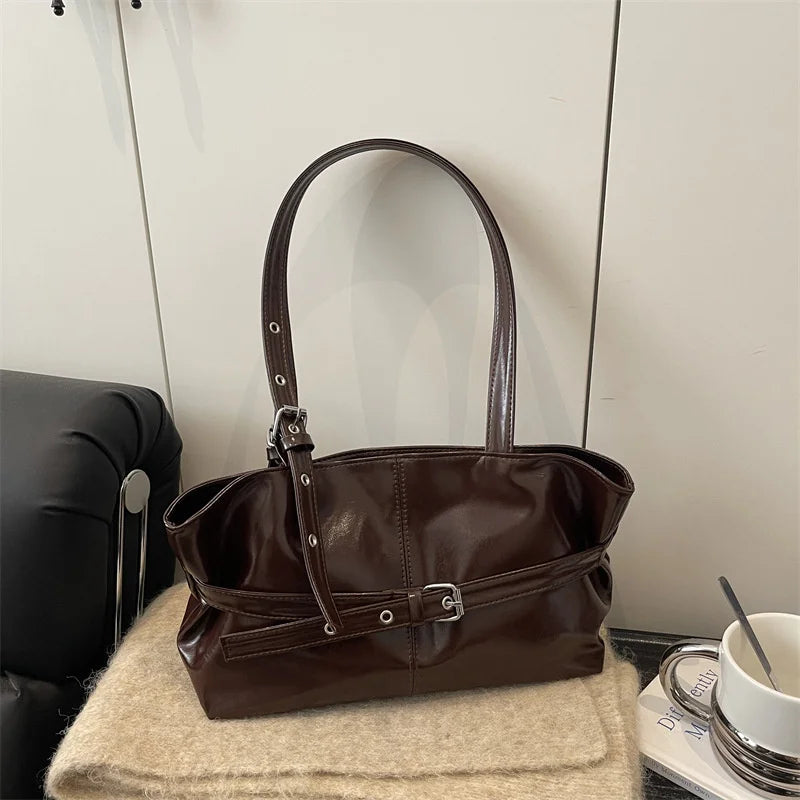 New Fashionable Versatile Belt Buckle Handbag Korean Style Solid Color Soft Leather Women's Casual Shoulder Bag Underarm Bag
