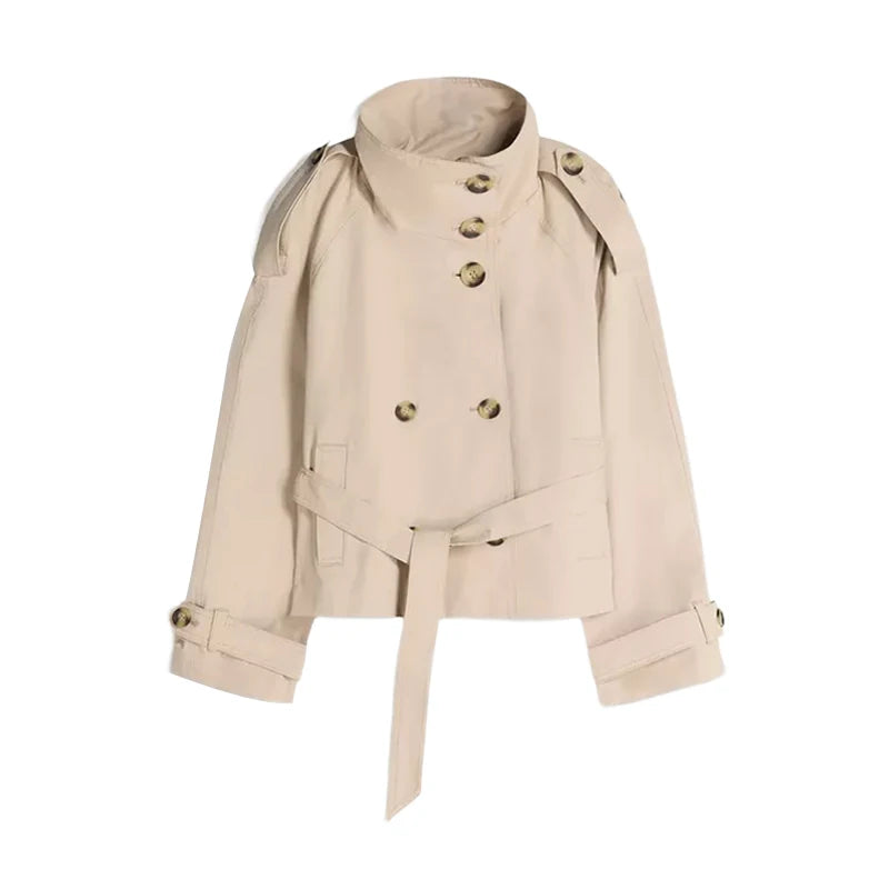 2026 Spring Women's Solid Lace Up Trench Coat Stand Collar Double Breasted Jacket Stylish New Lady Long Sleeve Outerwear Street