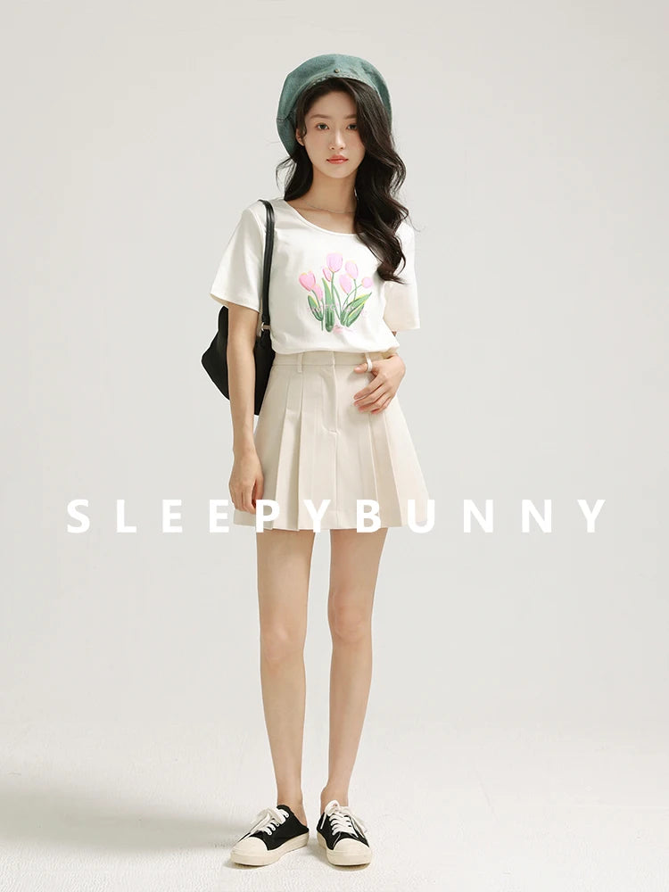 High Waist Pleated Mini Skirt Women Cream A-Line Short Skirt Korean Preppy Style Casual Skirt for Summer Daily or School Outfits