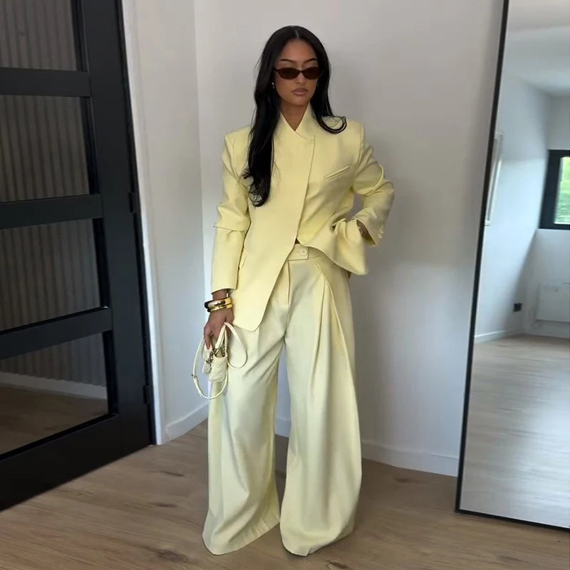 Chic Solid Stand Neck Blazer Jacket Pant Set Women Full Sleeve Shoulder Pads Coat Wide Leg Pants 2026 Autumn Commute Outfit