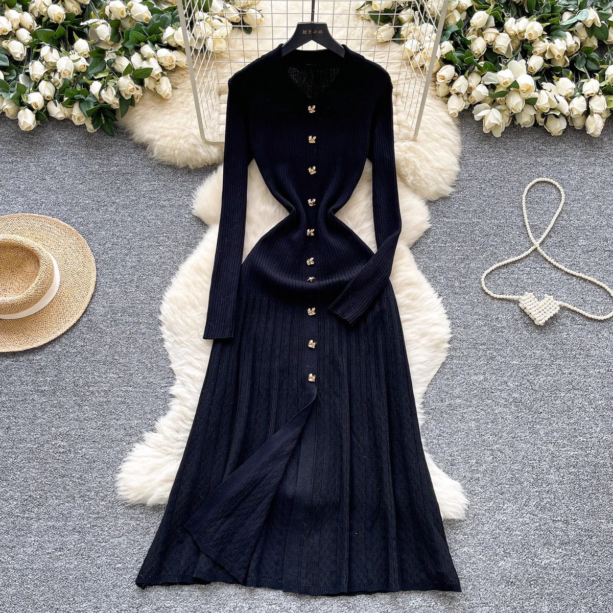 YuooMuoo Brand Fashion Vintage Turn-down Collar Knit Maxi Dress Elegant Single-breasted A-line Long Shirt Dress Lady Vestidos