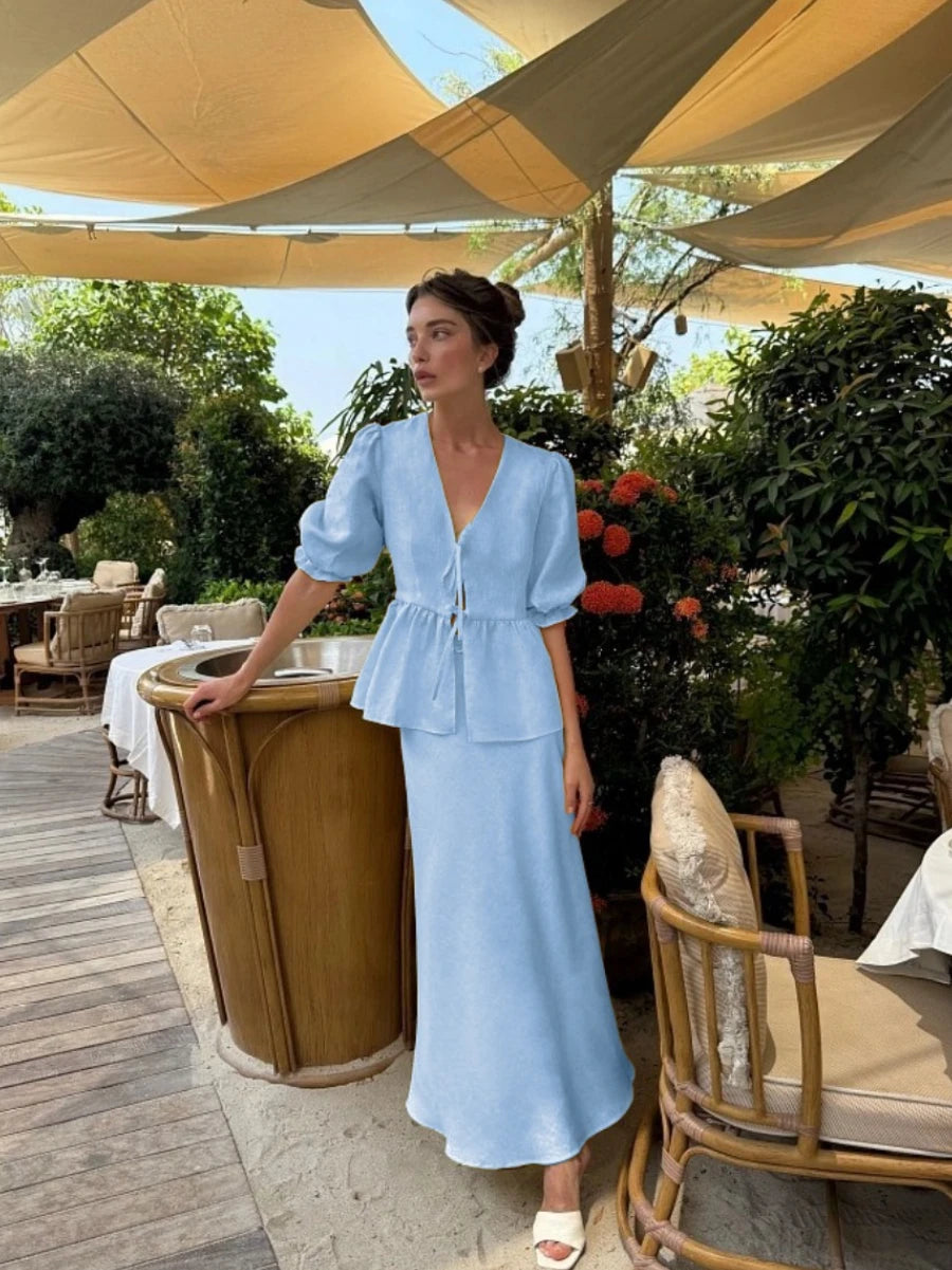 Bornladies 2025 Summer Women's 100% Cotton V-Neck Lace-Up Bubble Sleeve Shirt  Long Skirt Set Loose Casual Two-Piece Suit