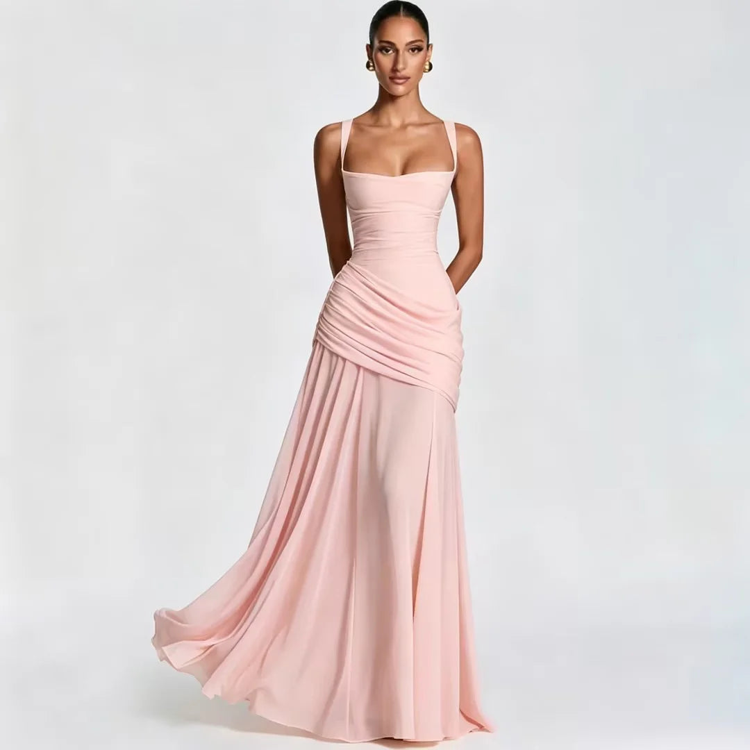 Pleated Square Neck Maxi Dress
