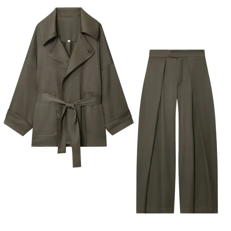 Women Mid Waist Pants Set Two Piece Casual Flowing Belted Jacket Front Pleat Trousers 2 Piece Set Women Outfit