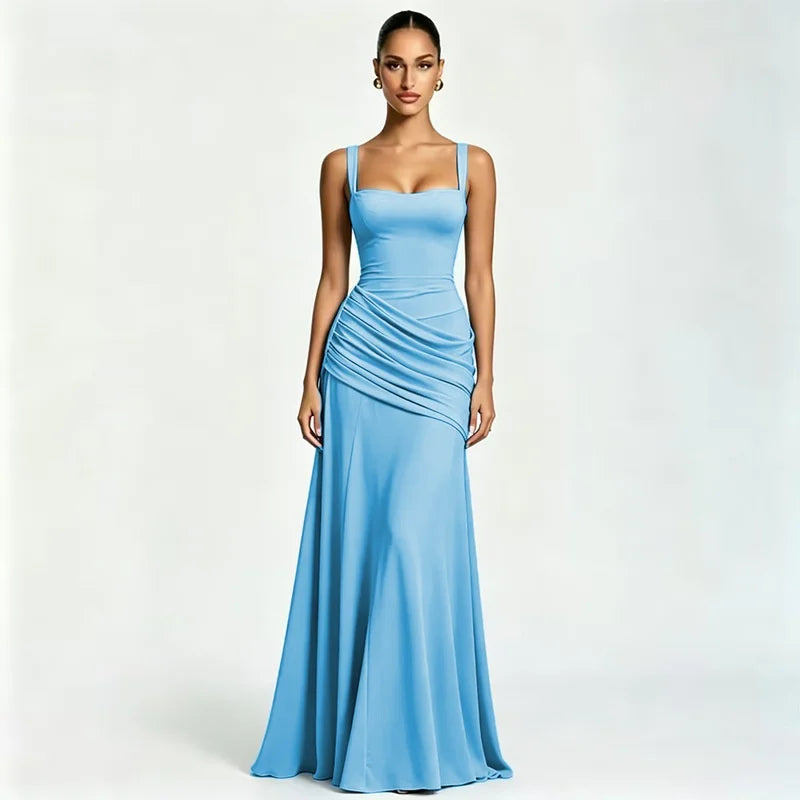 Pleated Square Neck Maxi Dress
