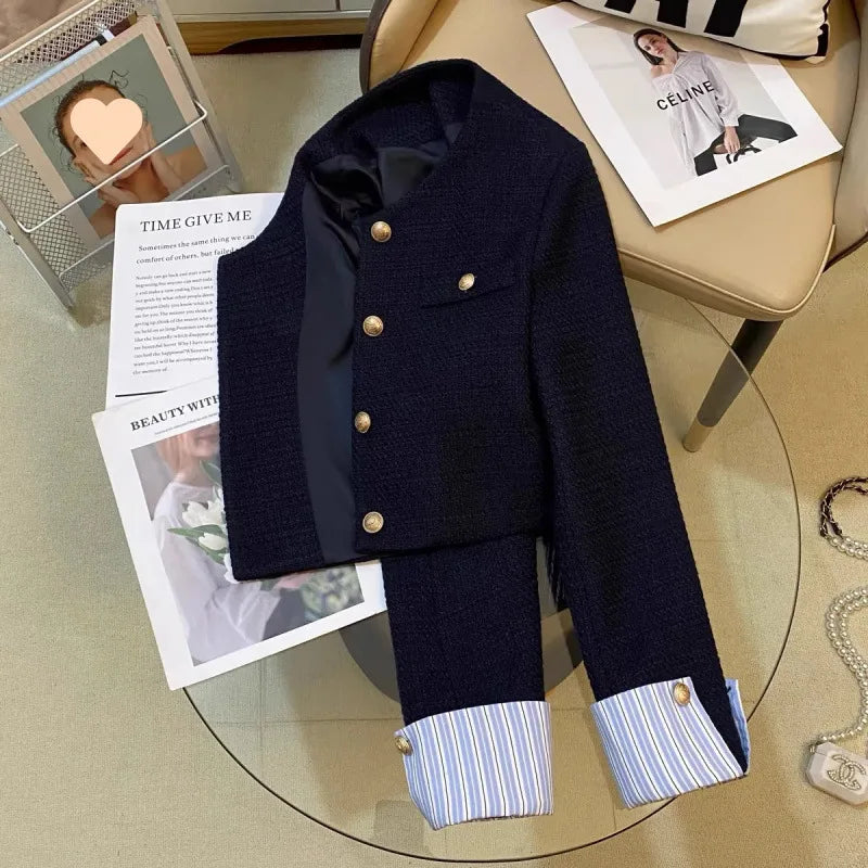 Navy Blue Short Jacket for Women Fashion Striped Patchwork Long Sleeve Coat Woman Spring Autumn French Gold Button Tweed Jacket