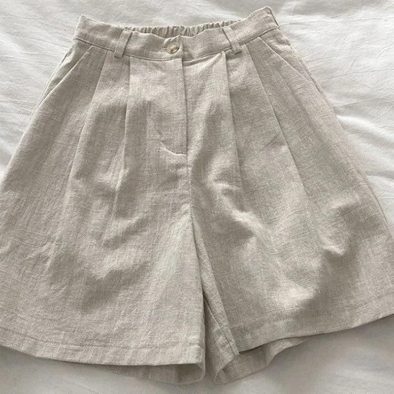 Women's 2026 Spring Summer Cotton Linen Japanese Vintage High Waist Slimming Wide Leg Bermuda Shorts Casual Korean Chic Sweet
