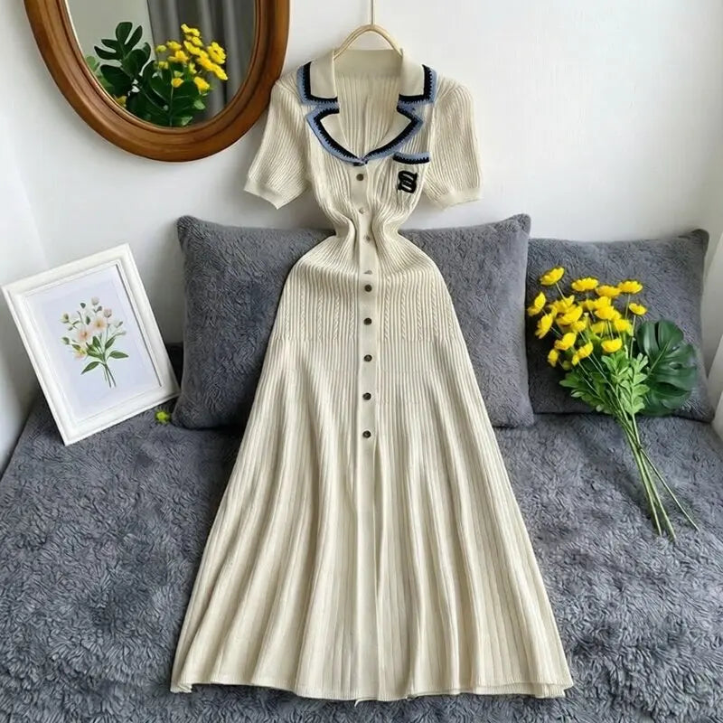 YuooMuoo Brand Fashion Vintage Turn-down Collar Knit Maxi Dress Elegant Single-breasted A-line Long Shirt Dress Lady Vestidos