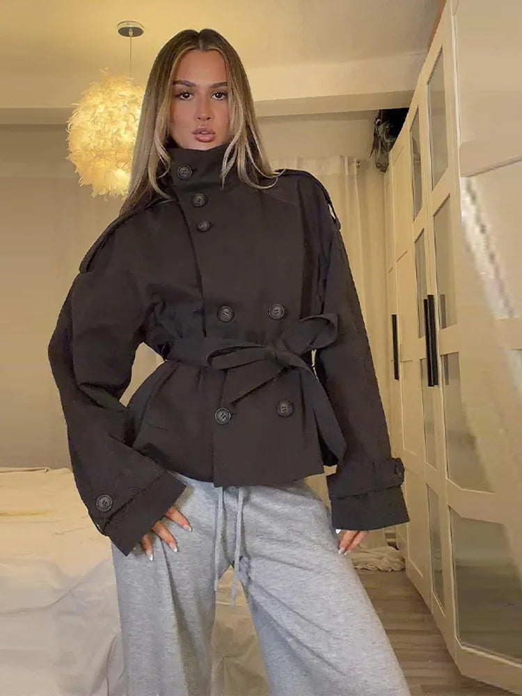2026 Spring Women's Solid Lace Up Trench Coat Stand Collar Double Breasted Jacket Stylish New Lady Long Sleeve Outerwear Street