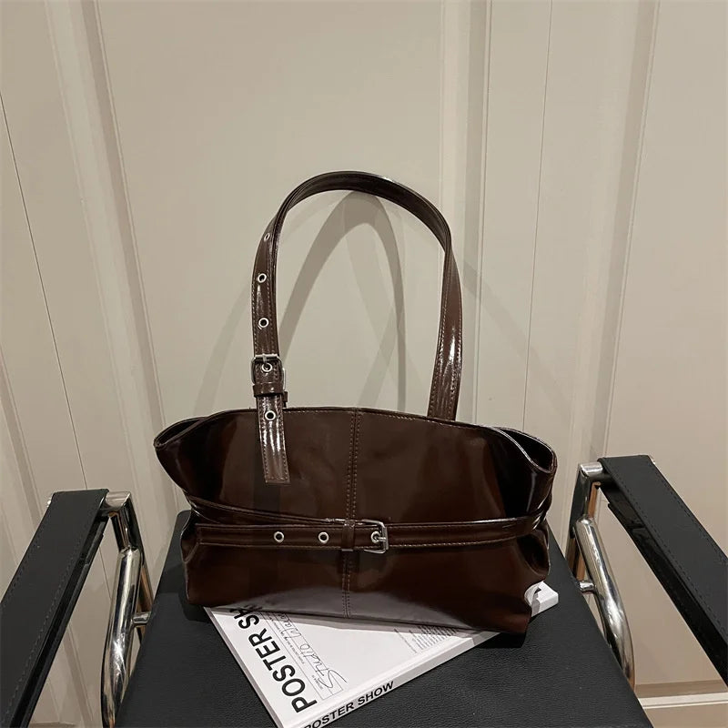 New Fashionable Versatile Belt Buckle Handbag Korean Style Solid Color Soft Leather Women's Casual Shoulder Bag Underarm Bag