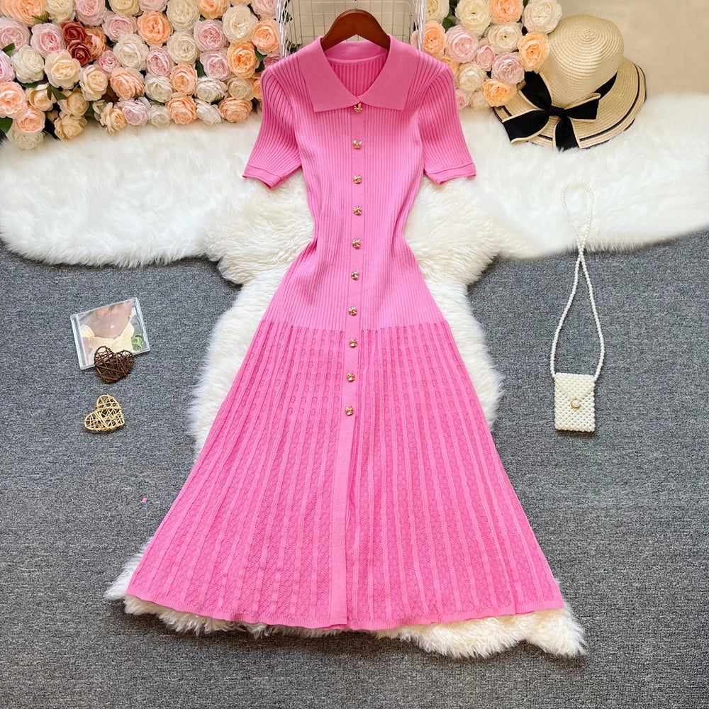 YuooMuoo Brand Fashion Vintage Turn-down Collar Knit Maxi Dress Elegant Single-breasted A-line Long Shirt Dress Lady Vestidos