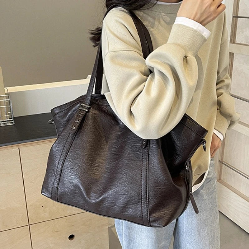 Large Sized Tote Bags For Women Soft PU Leather Pure Color Large Capacity Shopper Shoulder Crossbody Bag High Quality Handbags