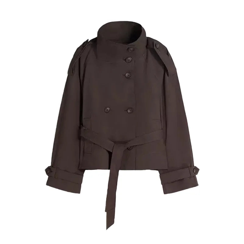 2026 Spring Women's Solid Lace Up Trench Coat Stand Collar Double Breasted Jacket Stylish New Lady Long Sleeve Outerwear Street