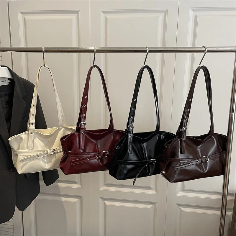 New Fashionable Versatile Belt Buckle Handbag Korean Style Solid Color Soft Leather Women's Casual Shoulder Bag Underarm Bag