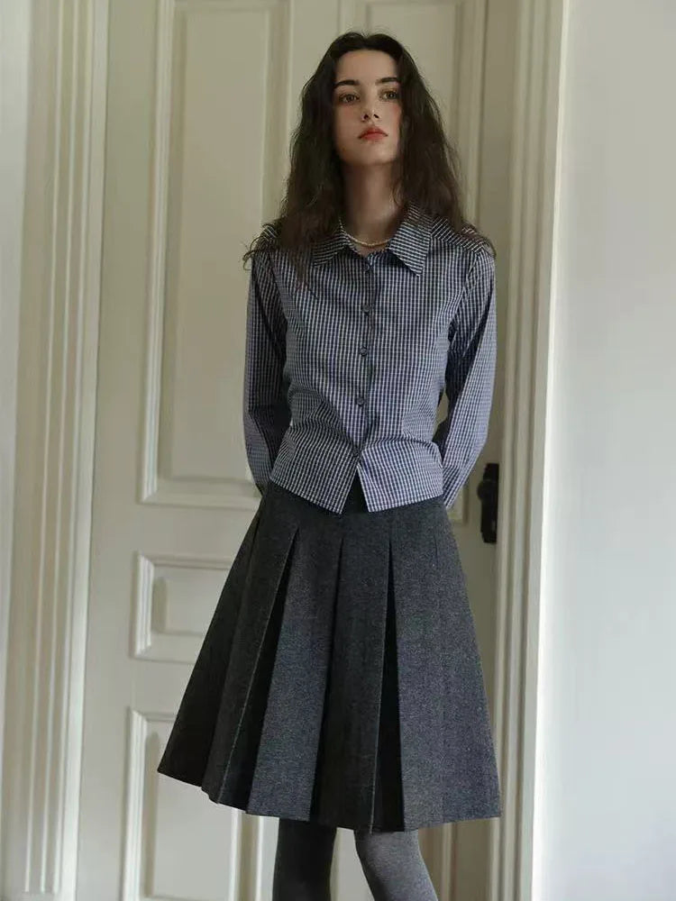 Autumn Faux Wool Pleated Skirts for Women Y2K High Waist Streetwear Reversible Knee Length Skirts American Blended A Line Skirts