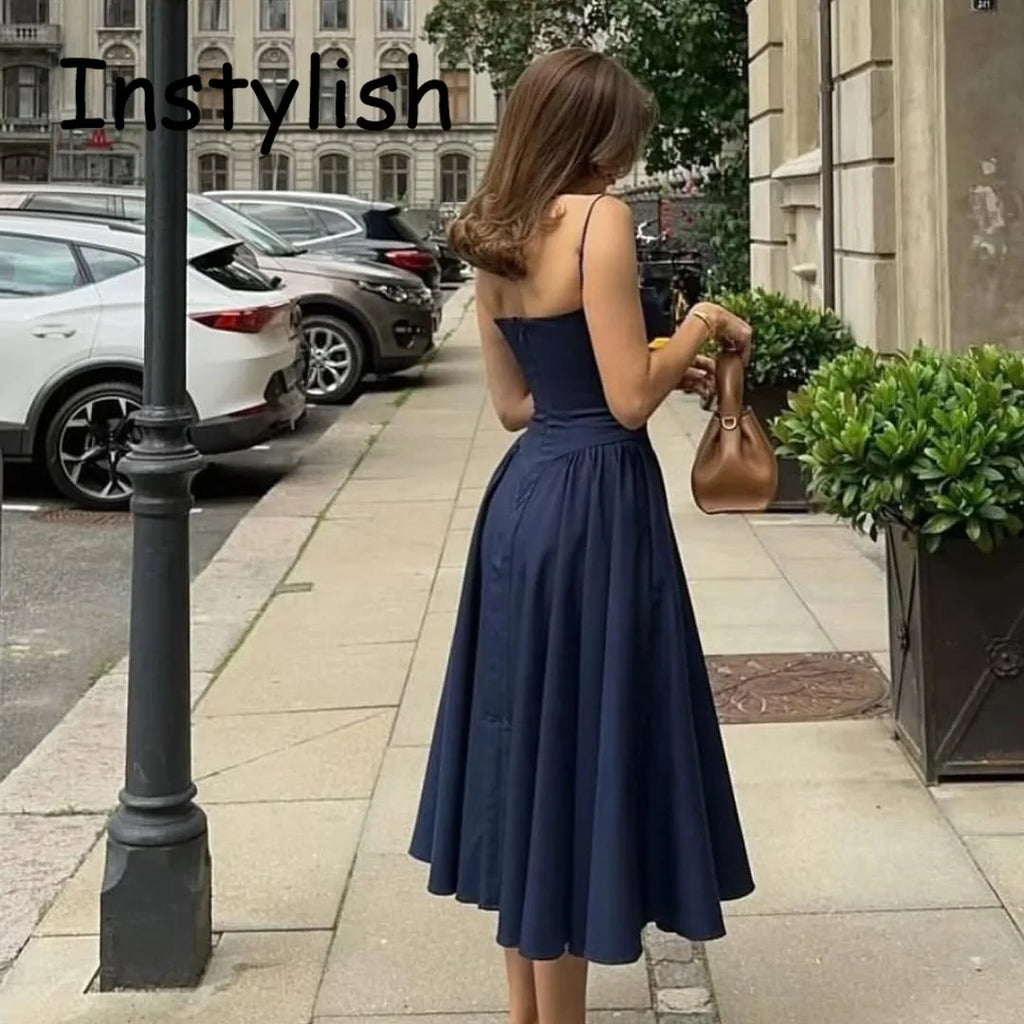 Women Spaghetti Strap Midi Dress Elegant Bustier Corset Dress High Waist A Line Flare Sundress Elegant Wedding Guest Party Dress