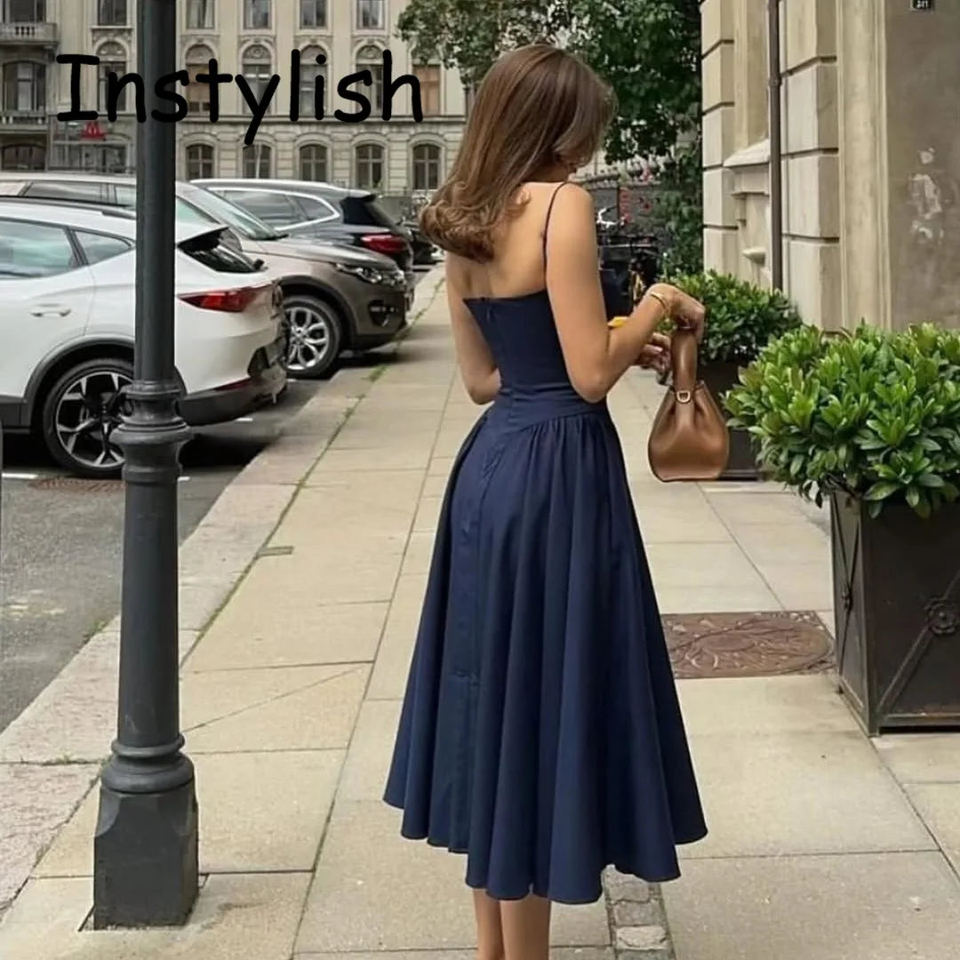Women Spaghetti Strap Midi Dress Elegant Bustier Corset Dress High Waist A Line Flare Sundress Elegant Wedding Guest Party Dress