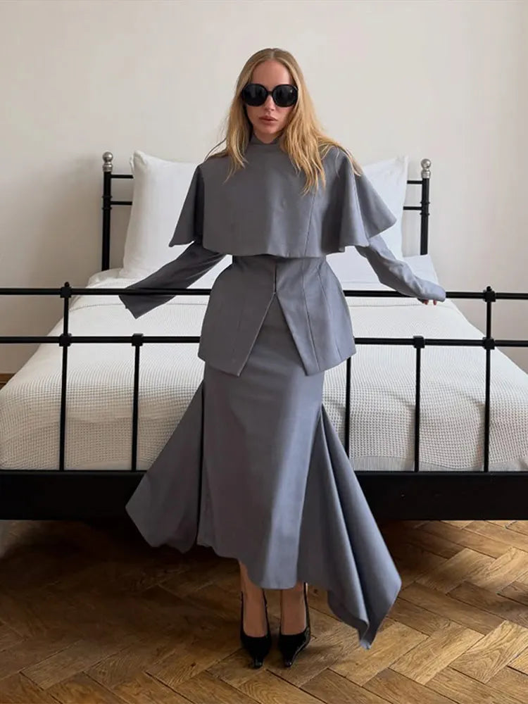 Chic Women Gray Suit Jacket Skirt Set Long Sleeve Stand Collar Waisted Jacket O Neck Cloak Hip Package Midi Skirts OL Outfits