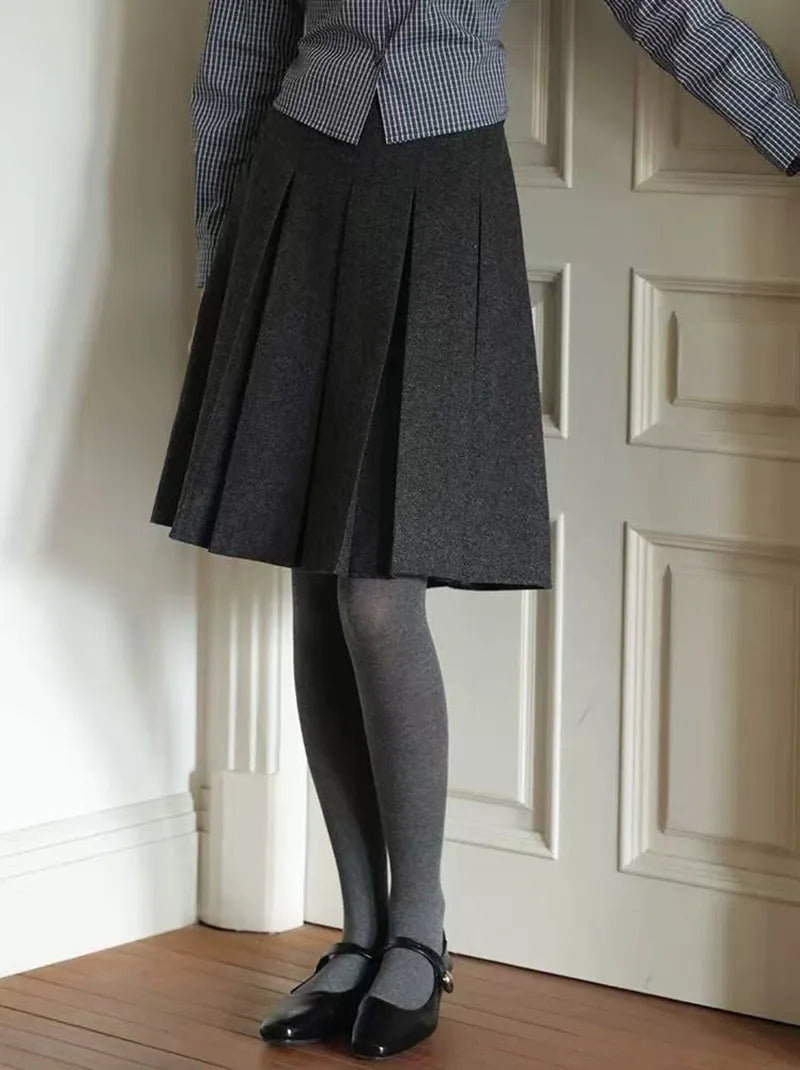 Autumn Faux Wool Pleated Skirts for Women Y2K High Waist Streetwear Reversible Knee Length Skirts American Blended A Line Skirts