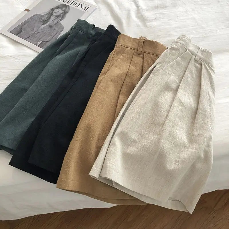 Women's 2026 Spring Summer Cotton Linen Japanese Vintage High Waist Slimming Wide Leg Bermuda Shorts Casual Korean Chic Sweet