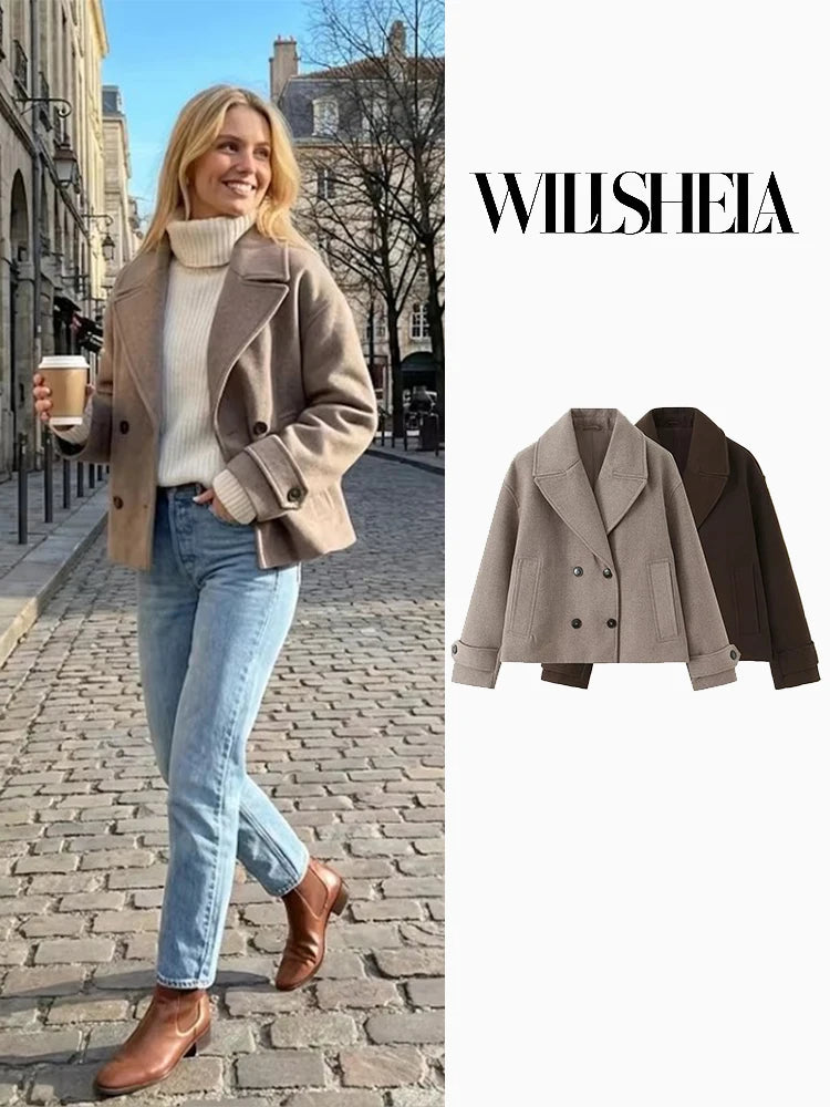 Willshela Women Fashion Solid Double Breasted Trench Jackets Vintage Lapel Neck Long Sleeves Female Chic Lady Outfits