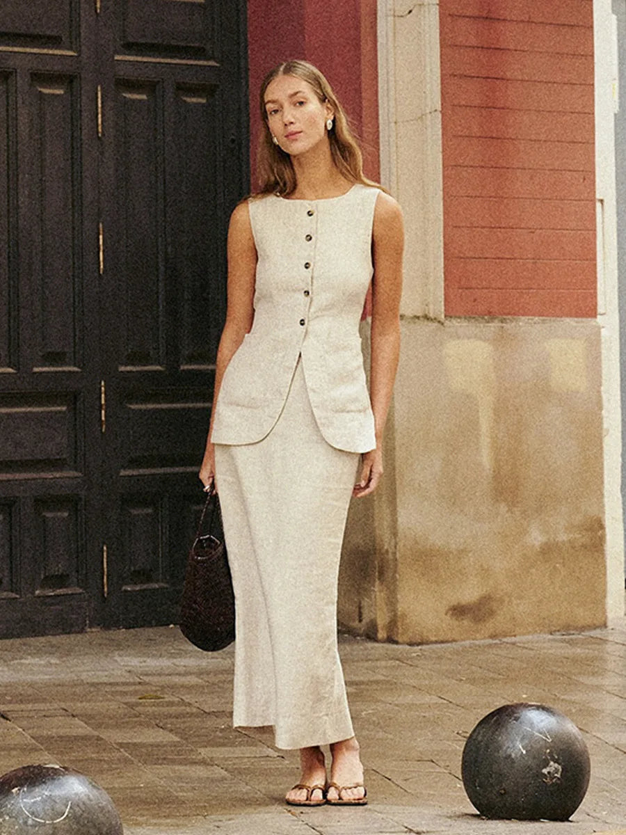Bornladies Women's Sleeveless Vest High Waisted Skirt Set Spring Summer New Linen Casual Suit Fashion Office Lady Vest Set