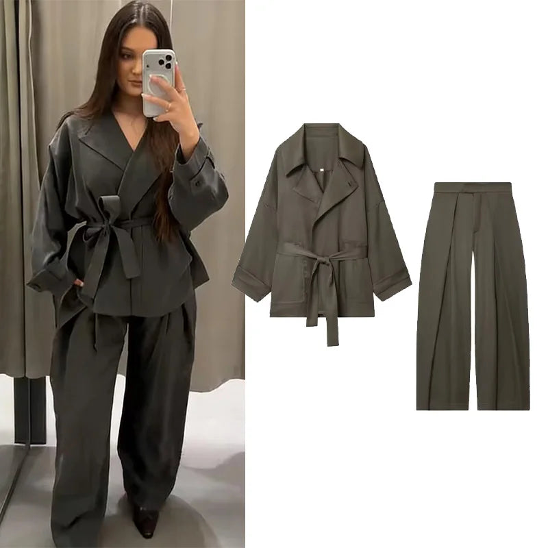 Women Mid Waist Pants Set Two Piece Casual Flowing Belted Jacket Front Pleat Trousers 2 Piece Set Women Outfit