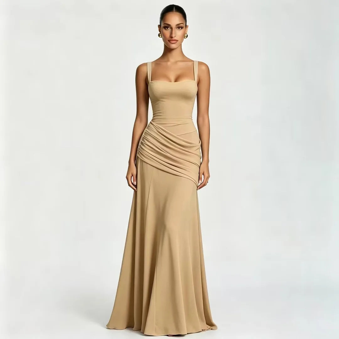 Pleated Square Neck Maxi Dress