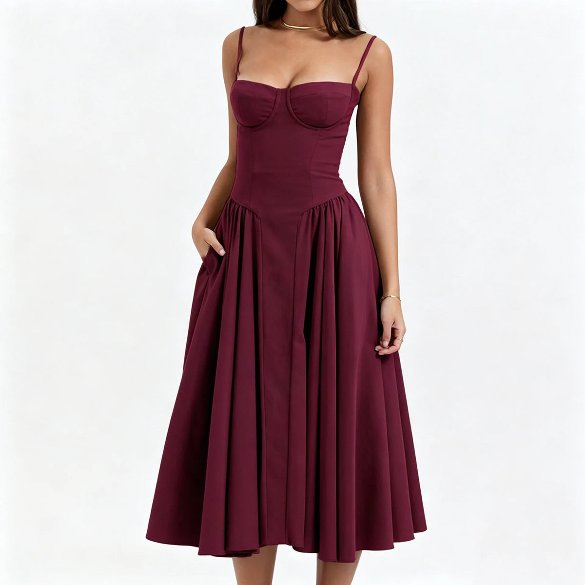 Women Spaghetti Strap Midi Dress Elegant Bustier Corset Dress High Waist A Line Flare Sundress Elegant Wedding Guest Party Dress