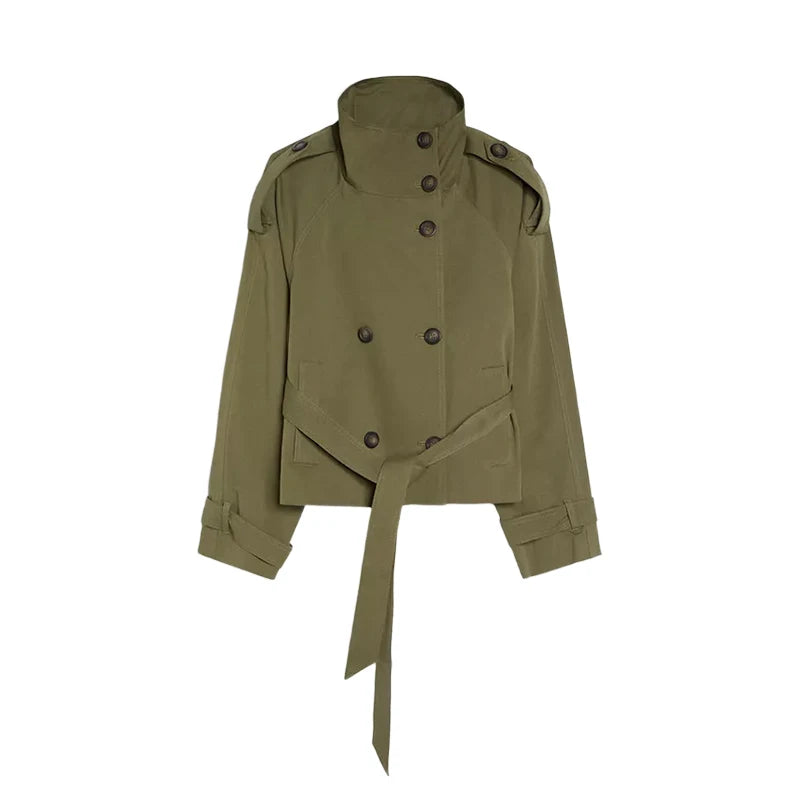 2026 Spring Women's Solid Lace Up Trench Coat Stand Collar Double Breasted Jacket Stylish New Lady Long Sleeve Outerwear Street