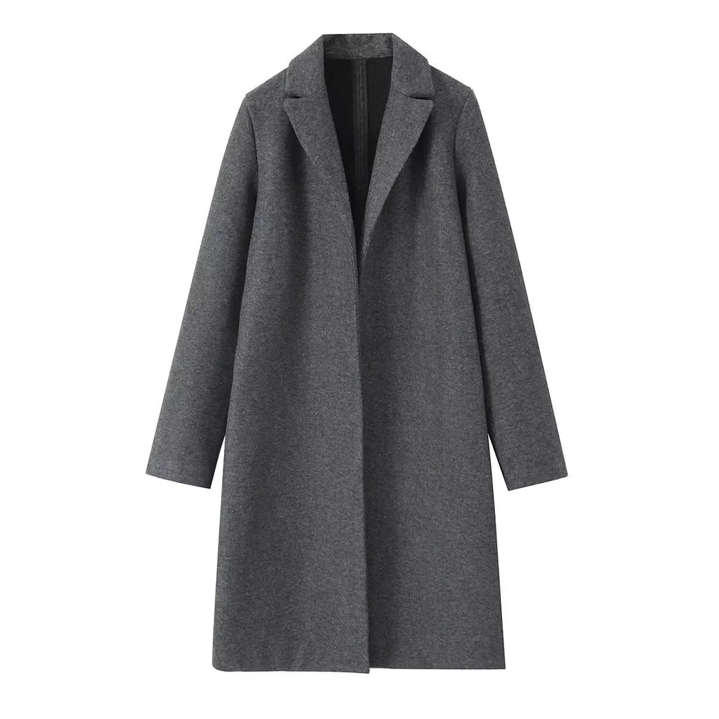 2025 Women Woolen coat Fashion Solid Open Stitch Long Trench Coats Vintage V-Neck Full Sleeves Female Chic Lady Outfits
