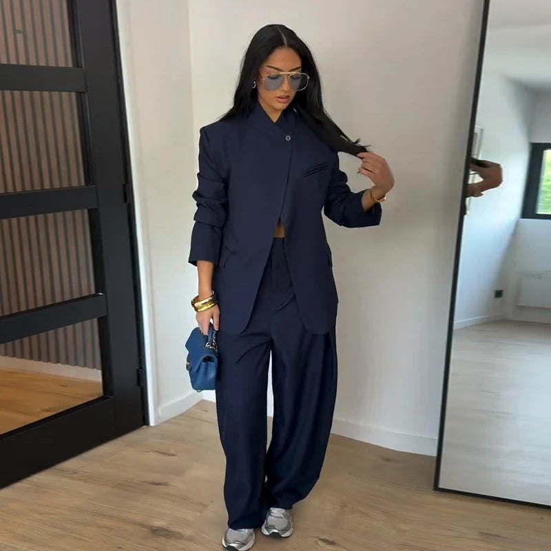 Chic Solid Stand Neck Blazer Jacket Pant Set Women Full Sleeve Shoulder Pads Coat Wide Leg Pants 2026 Autumn Commute Outfit