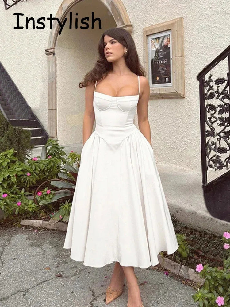 Women Spaghetti Strap Midi Dress Elegant Bustier Corset Dress High Waist A Line Flare Sundress Elegant Wedding Guest Party Dress