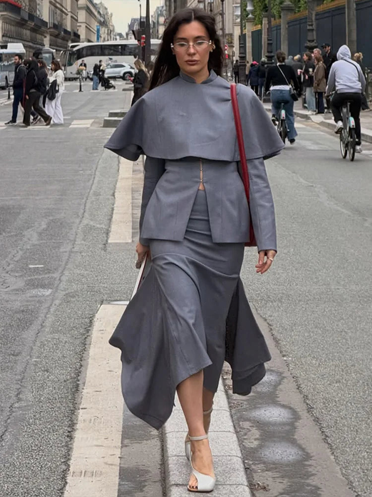 Chic Women Gray Suit Jacket Skirt Set Long Sleeve Stand Collar Waisted Jacket O Neck Cloak Hip Package Midi Skirts OL Outfits