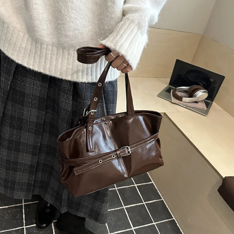 New Fashionable Versatile Belt Buckle Handbag Korean Style Solid Color Soft Leather Women's Casual Shoulder Bag Underarm Bag