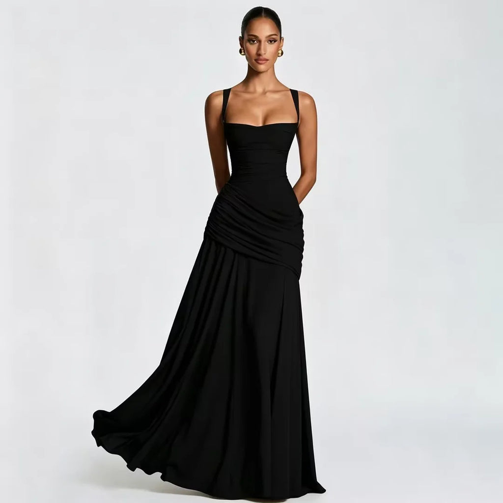 Pleated Square Neck Maxi Dress