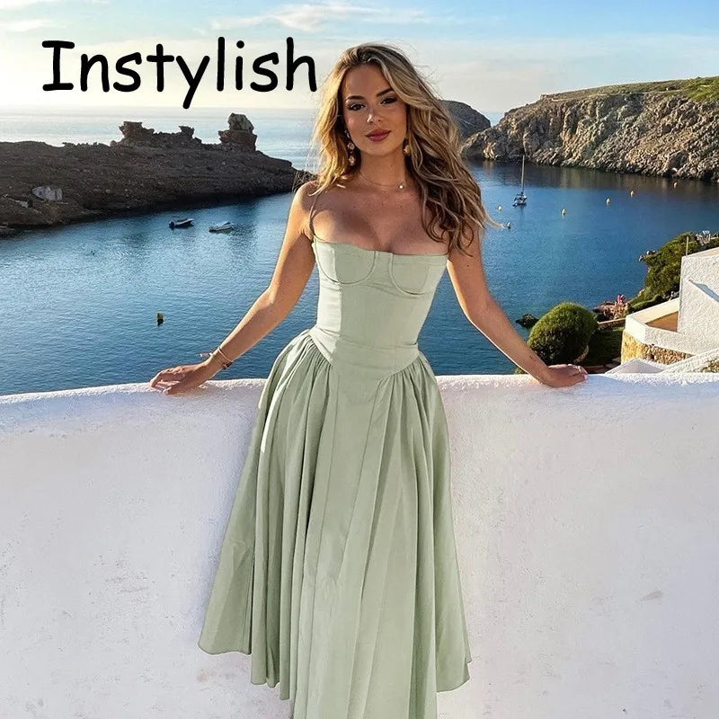 Women Spaghetti Strap Midi Dress Elegant Bustier Corset Dress High Waist A Line Flare Sundress Elegant Wedding Guest Party Dress