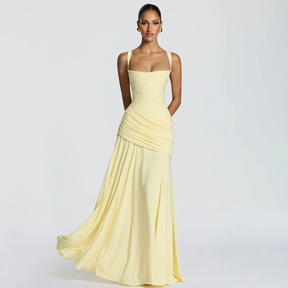 Pleated Square Neck Maxi Dress