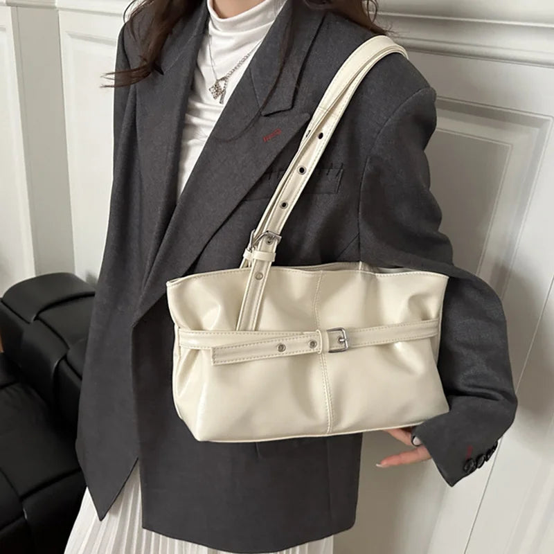 New Fashionable Versatile Belt Buckle Handbag Korean Style Solid Color Soft Leather Women's Casual Shoulder Bag Underarm Bag