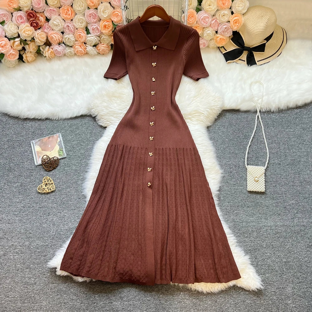 YuooMuoo Brand Fashion Vintage Turn-down Collar Knit Maxi Dress Elegant Single-breasted A-line Long Shirt Dress Lady Vestidos