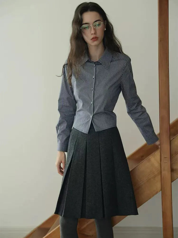 Autumn Faux Wool Pleated Skirts for Women Y2K High Waist Streetwear Reversible Knee Length Skirts American Blended A Line Skirts