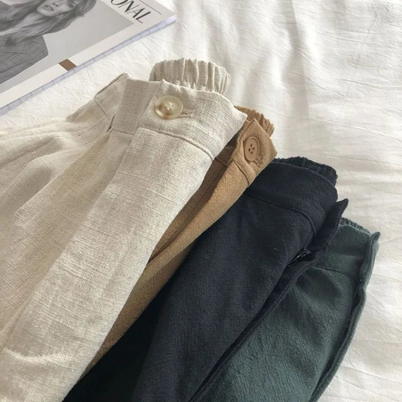 Women's 2026 Spring Summer Cotton Linen Japanese Vintage High Waist Slimming Wide Leg Bermuda Shorts Casual Korean Chic Sweet