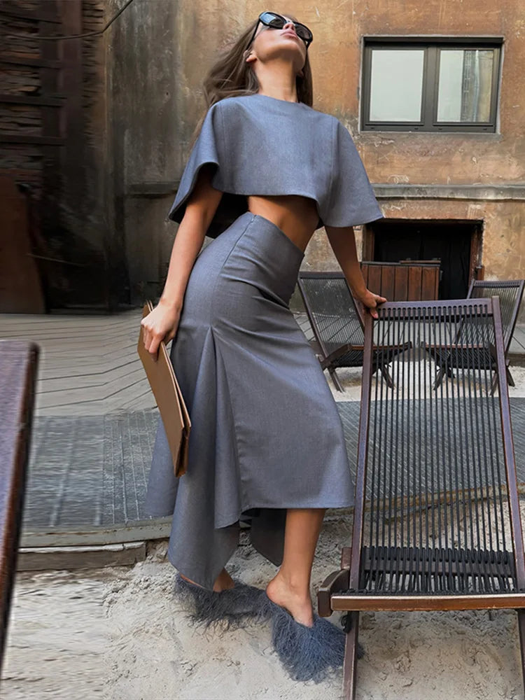 Chic Women Gray Suit Jacket Skirt Set Long Sleeve Stand Collar Waisted Jacket O Neck Cloak Hip Package Midi Skirts OL Outfits