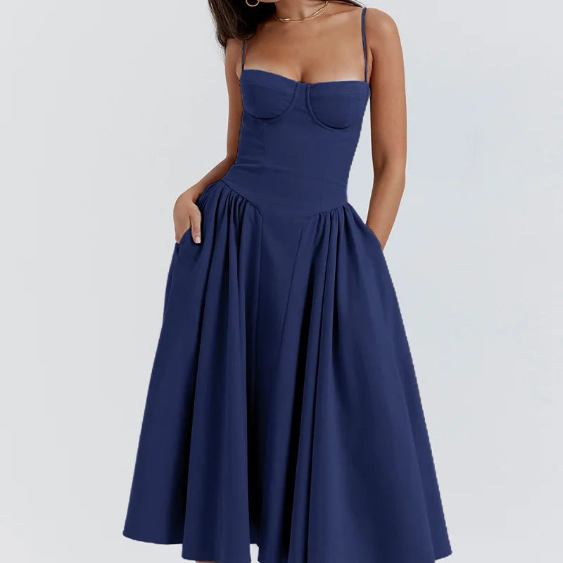 Women Spaghetti Strap Midi Dress Elegant Bustier Corset Dress High Waist A Line Flare Sundress Elegant Wedding Guest Party Dress