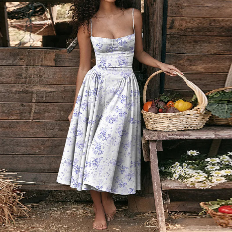 Women Spaghetti Strap Midi Dress Elegant Bustier Corset Dress High Waist A Line Flare Sundress Elegant Wedding Guest Party Dress