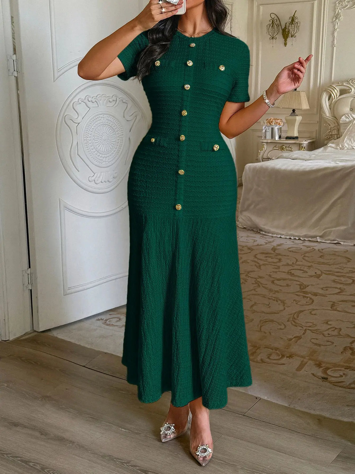 Women's Solid Color Midi Dress Short Sleeve Gold Button Decorated Fitted Flared Hem Gown Elegant Retro Outfit Dating & Parties