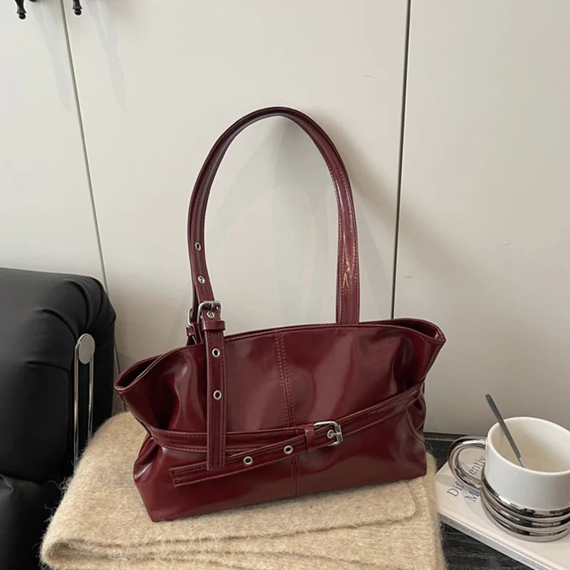 New Fashionable Versatile Belt Buckle Handbag Korean Style Solid Color Soft Leather Women's Casual Shoulder Bag Underarm Bag