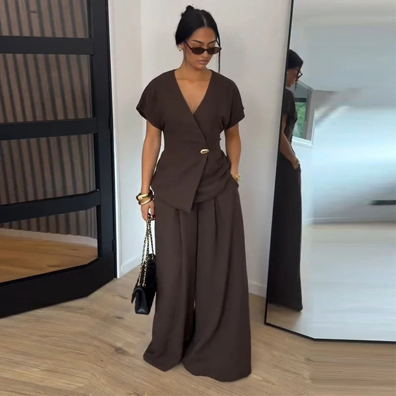 Chic Solid Stand Neck Blazer Jacket Pant Set Women Full Sleeve Shoulder Pads Coat Wide Leg Pants 2026 Autumn Commute Outfit