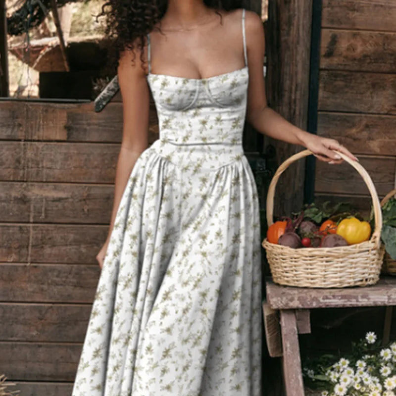 Women Spaghetti Strap Midi Dress Elegant Bustier Corset Dress High Waist A Line Flare Sundress Elegant Wedding Guest Party Dress