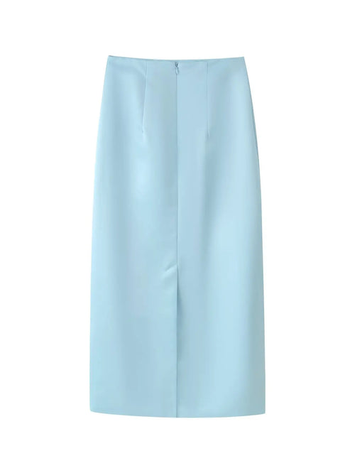 Women High Waist Satin Midi Skirt Back Center Split Invisible Zipper Fully Lined Straight Skirts
